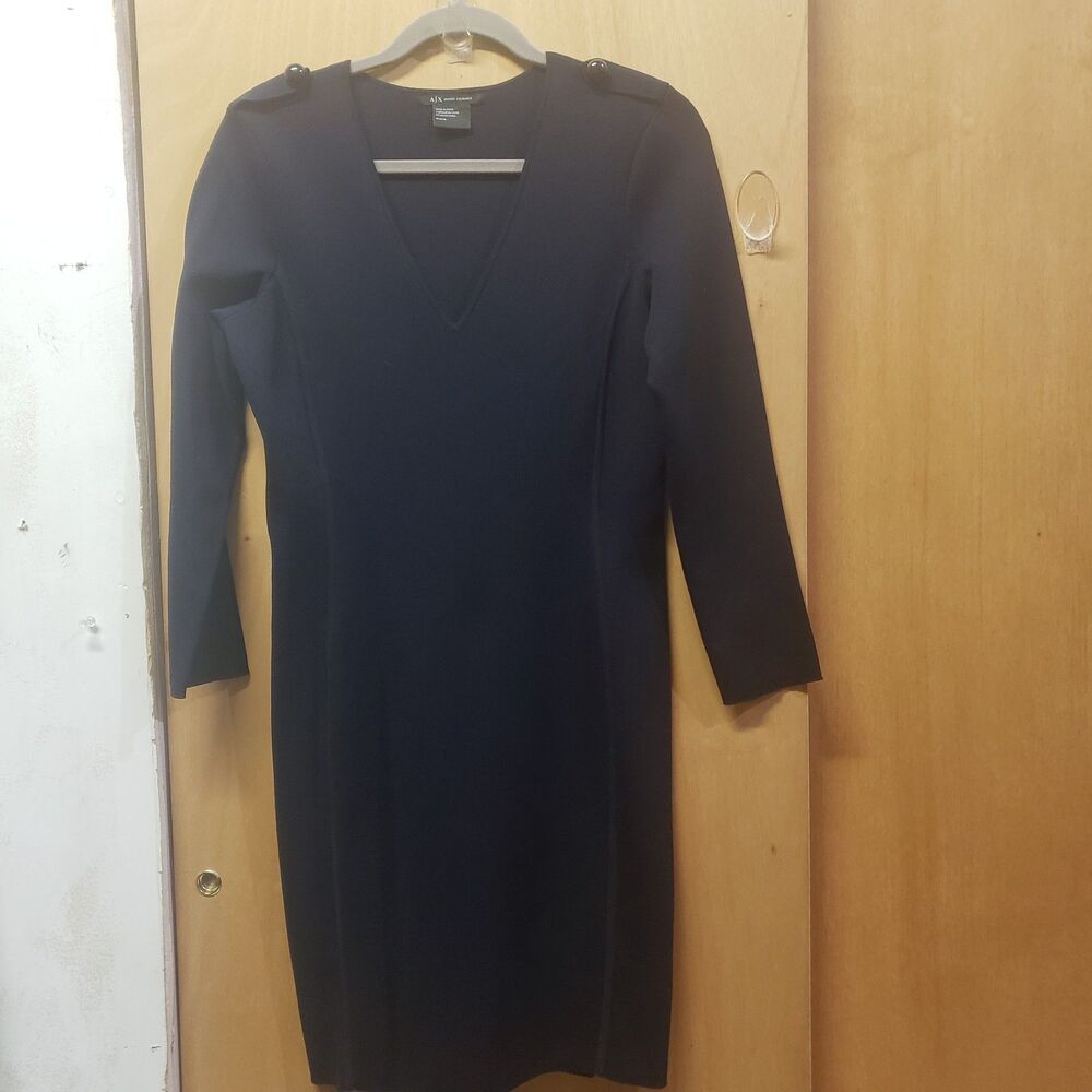 Armani Exchange Navy blue long sleeve V-neck dress w shoulder epaulets Sz M WWW